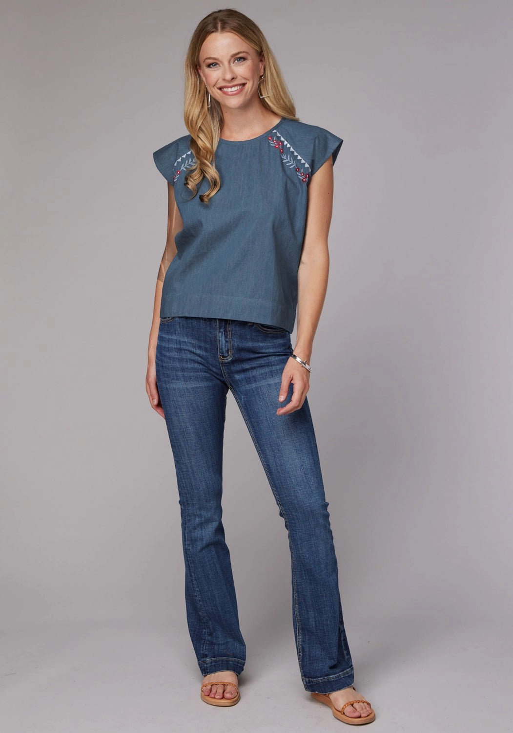 Floral Motif Eco-friendly Roper Womens 2081 Embroidered Medium Blue 100% Cotton S/S Blouse