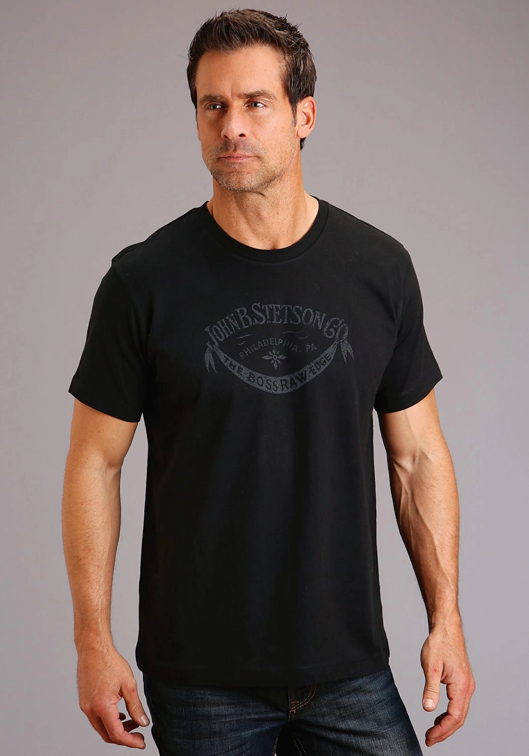 Brunch Outfit Gym Companion Stetson Mens Black 100% Cotton The Boss S/S Raw Edge T-Shirt