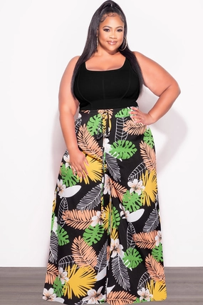 Final Sale Plus Size Pants in Black Multi Color Leaf Print Chilly Day Layers