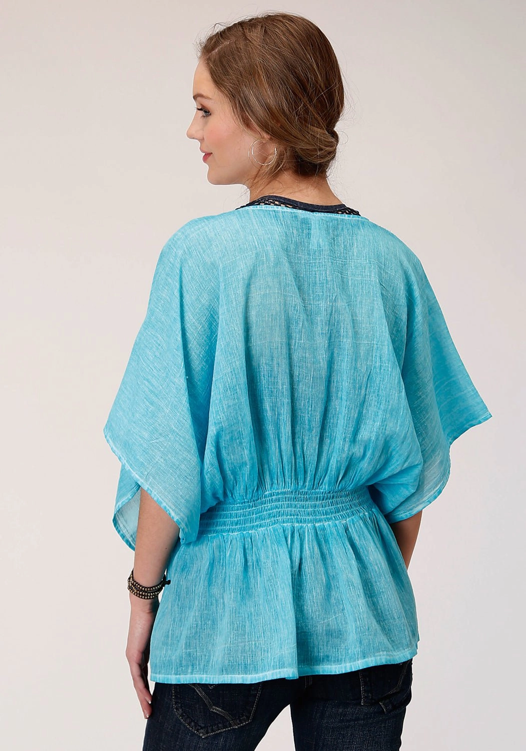 Roper Womens Turquoise 100% Cotton Peasant Top S/S Tunic Anti Pill Treatment