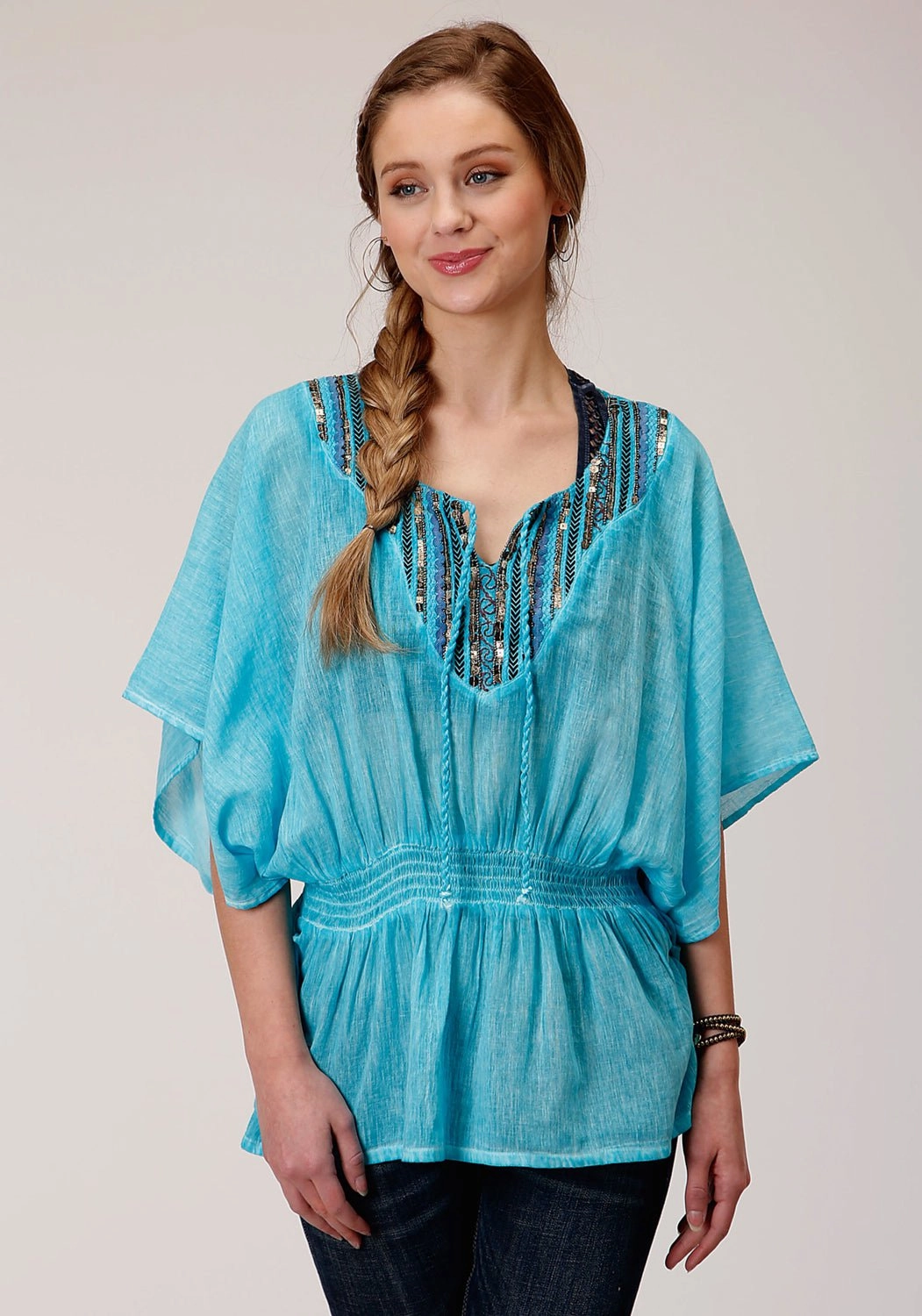 Tropical theme hypoallergenic Roper Womens Turquoise 100% Cotton Peasant Top S/S Tunic