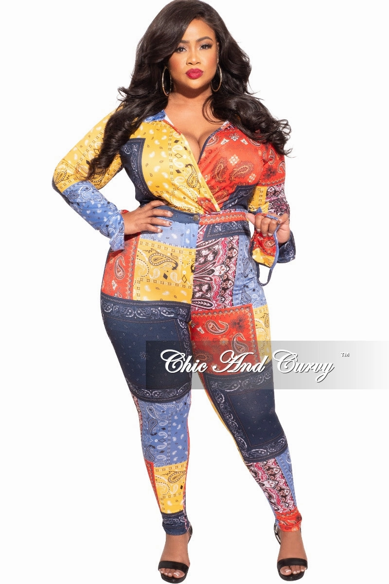Final Sale Plus Size 2-Piece Collared Faux Wrap Bodysuit and Pants Set in Bandana Print Abrasion Proof Reinforcements