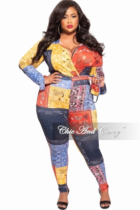 Carbon Infused Fabric Final Sale Plus Size 2-Piece Collared Faux Wrap Bodysuit and Pants Set in Bandana Print