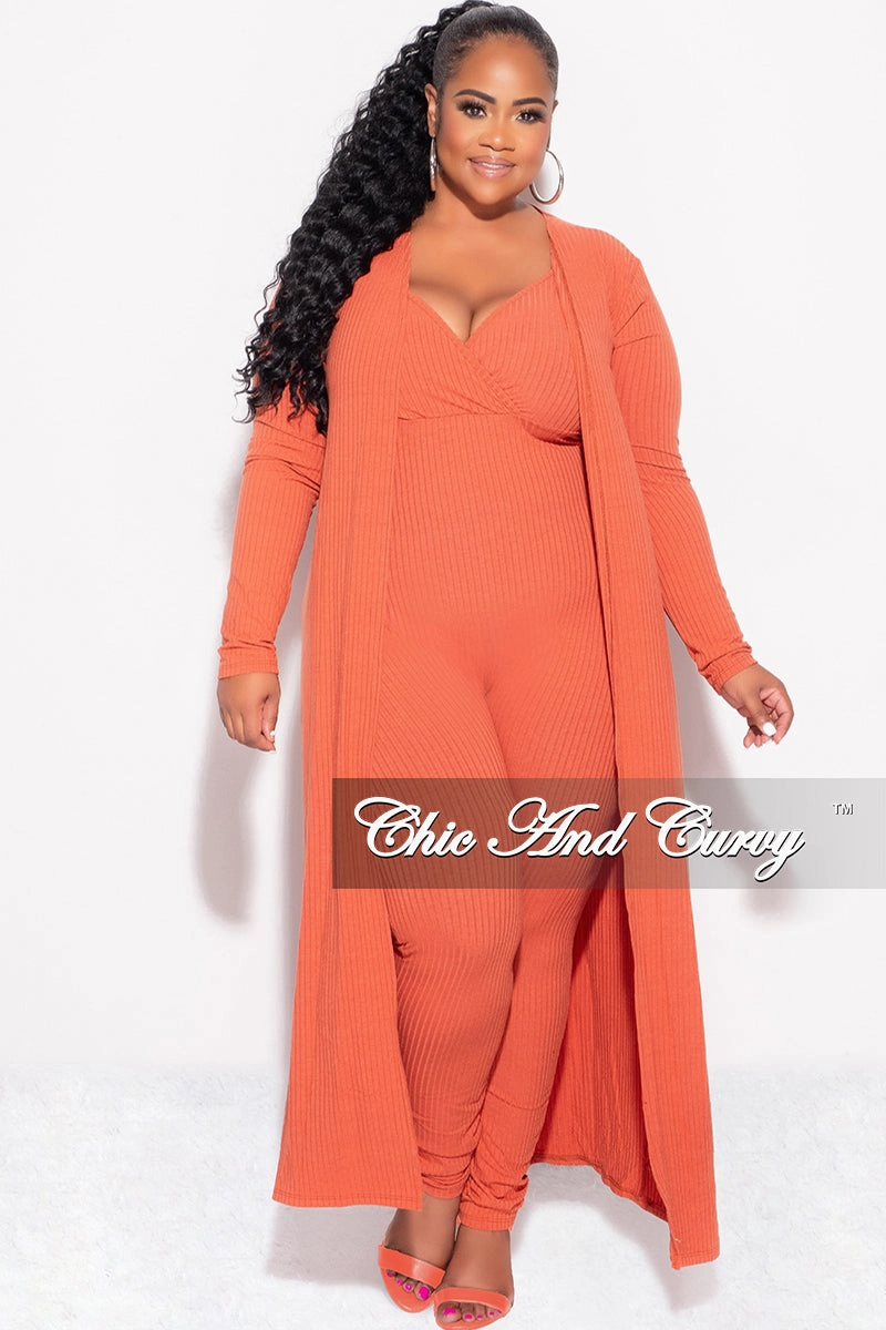 Final Sale Plus Size 2pc Ribbed Duster & Spaghetti Strap Jumpsuit Set in Orange Essential Comfort SeamlessConstruction