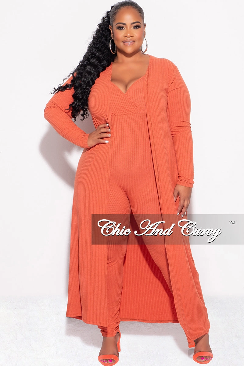Final Sale Plus Size 2pc Ribbed Duster & Spaghetti Strap Jumpsuit Set in Orange Anti Snag Fabric