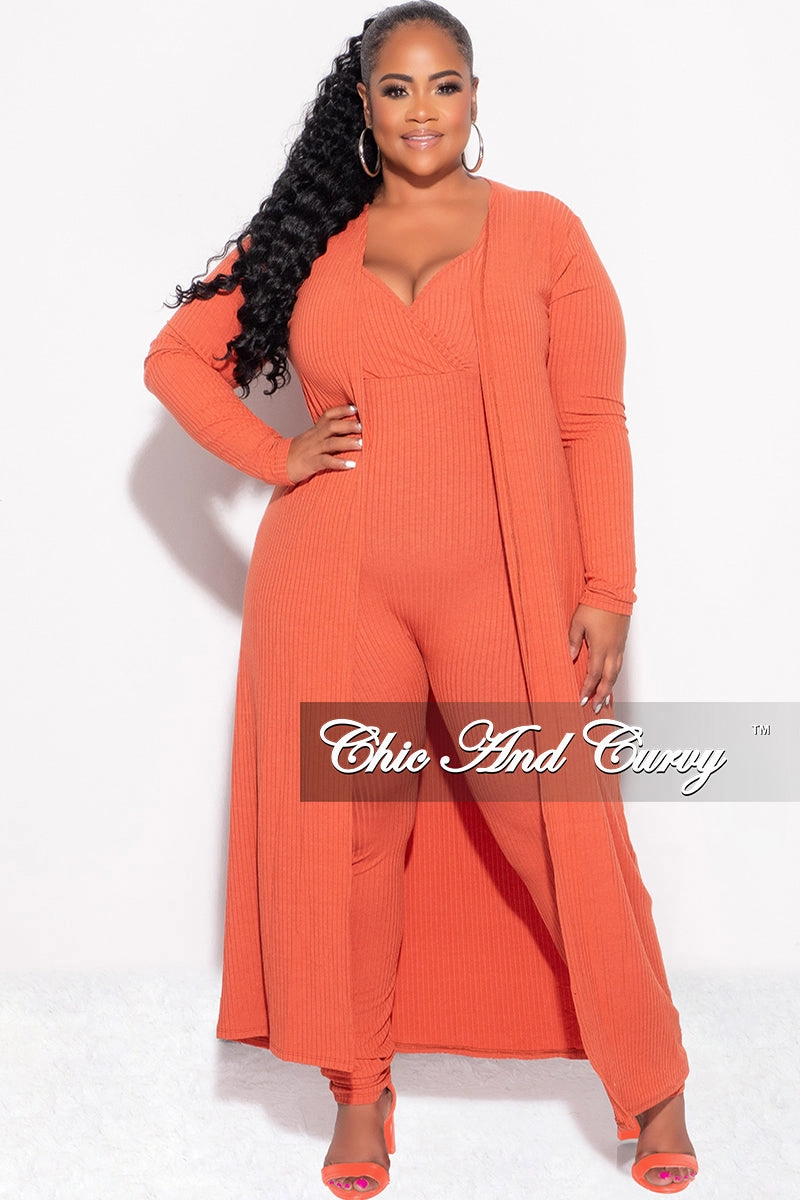 Final Sale Plus Size 2pc Ribbed Duster & Spaghetti Strap Jumpsuit Set in Orange Utility Pockets Quick Layering