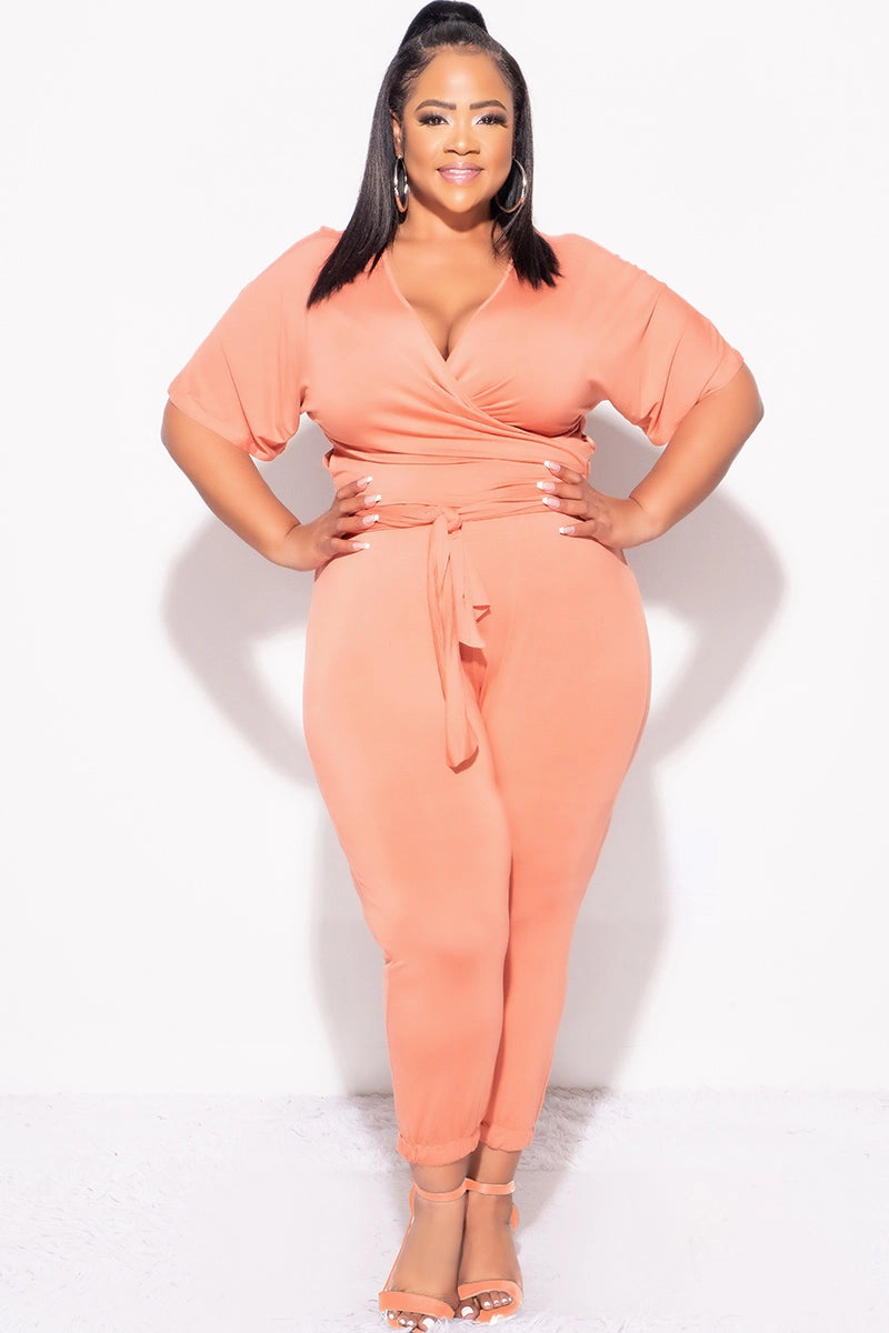 Cold Weather Wear EcoFriendlyDye Final Sale Plus Size 2pc Faux Wrap Top & Pants in Rust