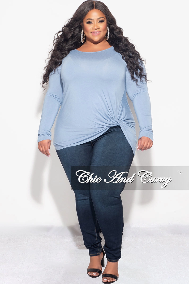 Final Sale Plus Size Long Sleeve Top with Knotted Front in Ice Blue MachineWashable Chill Comfort