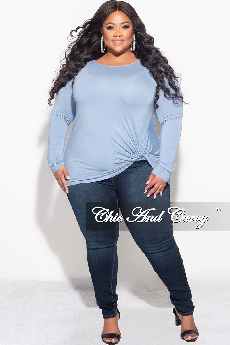 Functional Design Final Sale Plus Size Long Sleeve Top with Knotted Front in Ice Blue