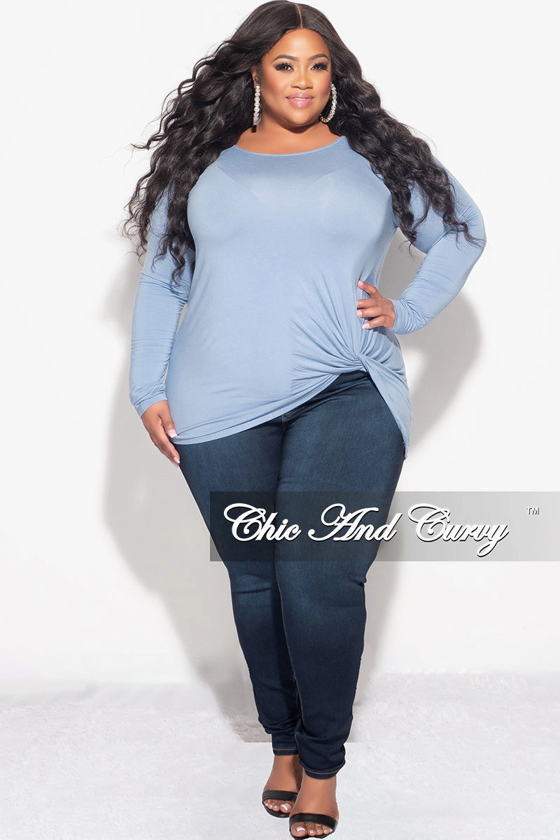 Final Sale Plus Size Long Sleeve Top with Knotted Front in Ice Blue Refined fit Outdoor Activity