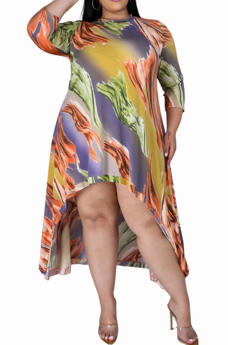 Flex Movement AntiPillingFabric Final Sale Plus Size Hi-Low Dress in Multi-Color Print