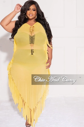 AntiSnagZippers Slim Fit Wear Final Sale Plus Size Mesh Cover-Up Dress with Cutout Front and Fringe Trim in Yellow