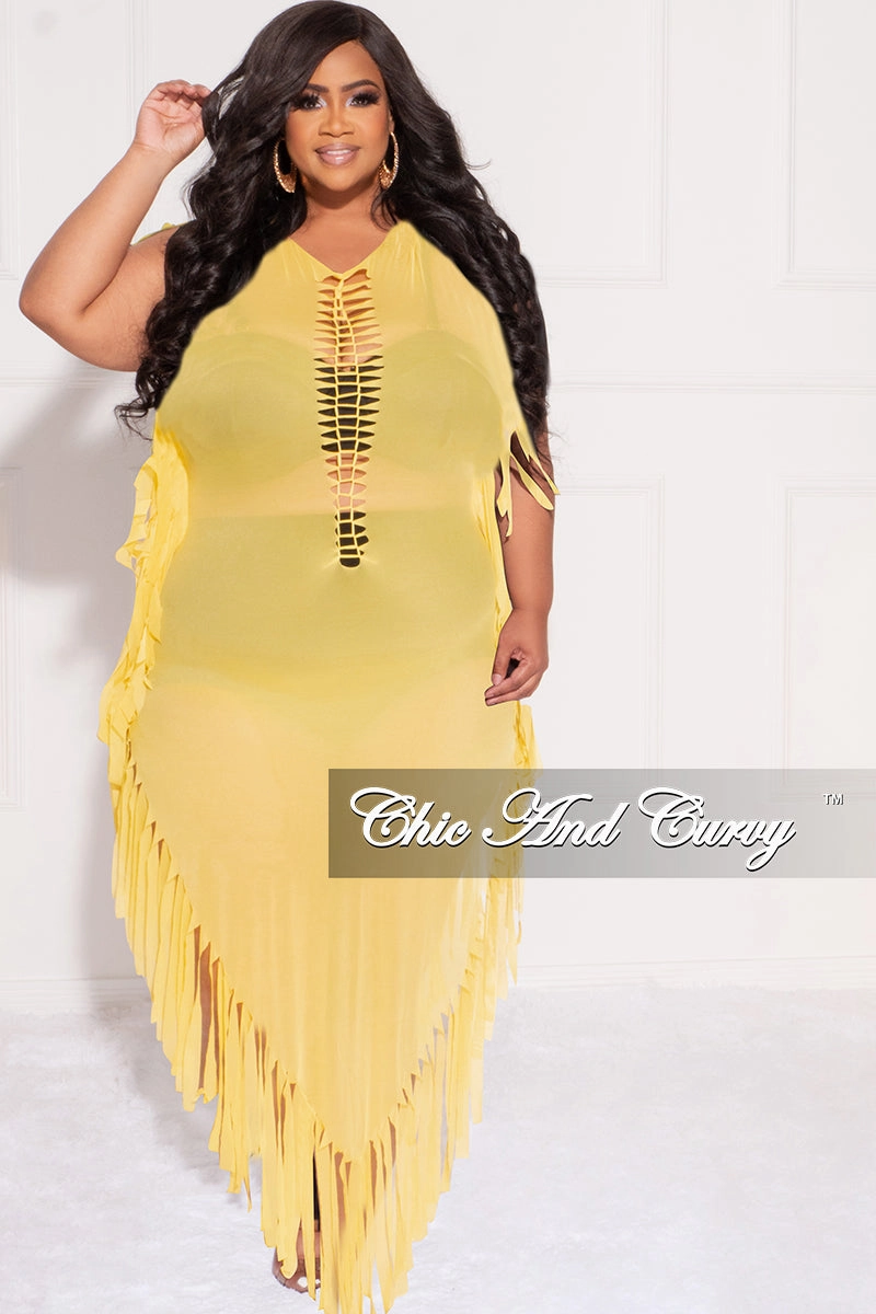 Final Sale Plus Size Mesh Cover-Up Dress with Cutout Front and Fringe Trim in Yellow Double Stitched QuickDryTechnology