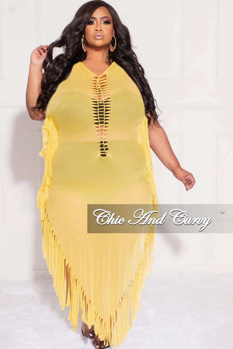 Stretch Motion Non Iron Technology Final Sale Plus Size Mesh Cover-Up Dress with Cutout Front and Fringe Trim in Yellow