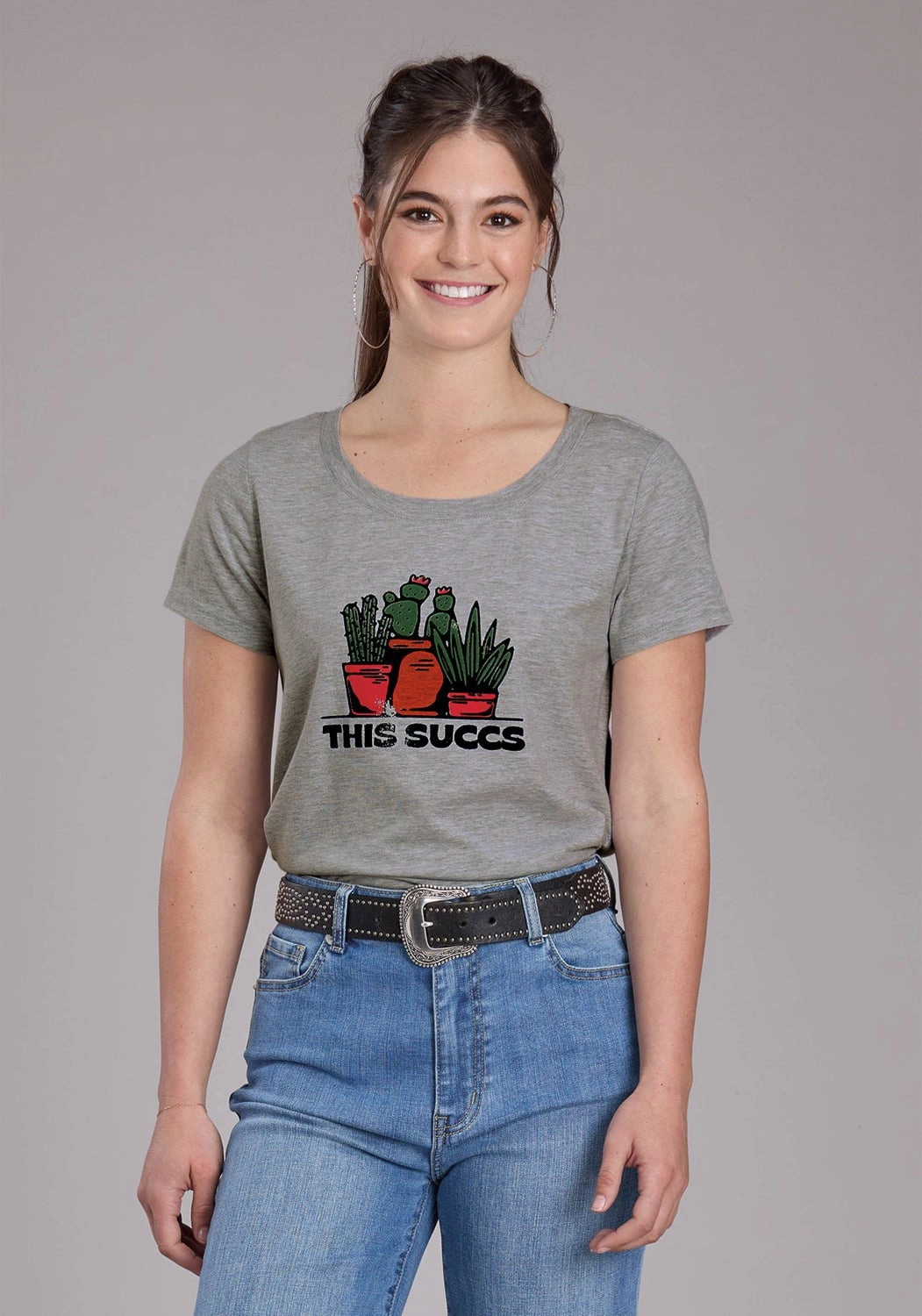 Classic Appeal Roper Womens 2448 This Succs Grey Cotton Blend S/S T-Shirt