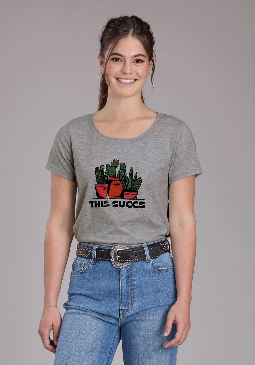 Roper Womens 2448 This Succs Grey Cotton Blend S/S T-Shirt Denim Blend Soft Wear