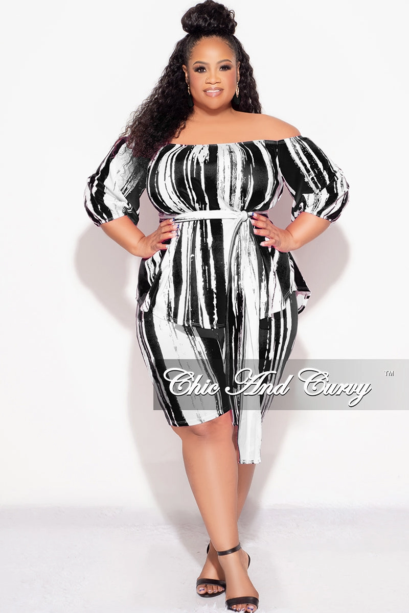 Final Sale Plus Size 2pc Off the Shoulder Peplum Top and Bermuda Shorts Set in Black and White Sporty Vibe