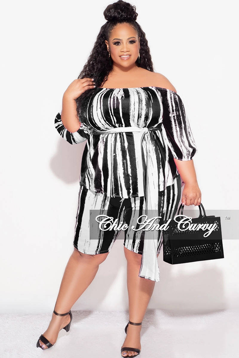 Final Sale Plus Size 2pc Off the Shoulder Peplum Top and Bermuda Shorts Set in Black and White All-Purpose Comfort