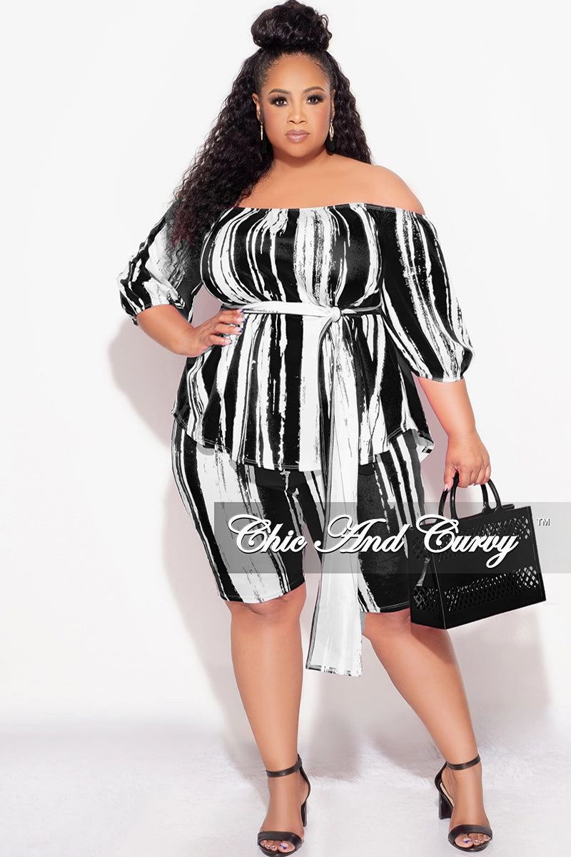 Final Sale Plus Size 2pc Off the Shoulder Peplum Top and Bermuda Shorts Set in Black and White Low Bulk Material