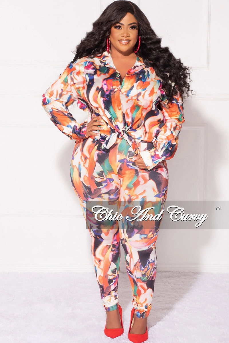 ReinforcedBeltLoops MoistureControlLiner Final Sale Plus Size 2pc Button Up Shirt and Pants Set in Multi Color DaVinci Print