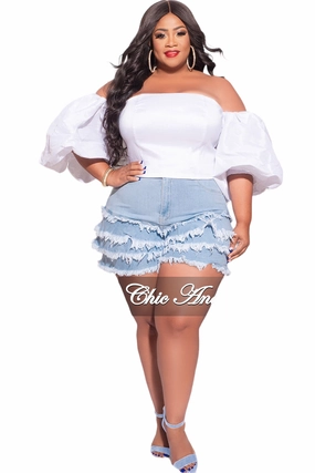Final Sale Plus Size Ruffle Layered Frayed Shorts in Light Denim Movement Comfort Modular Pocket System