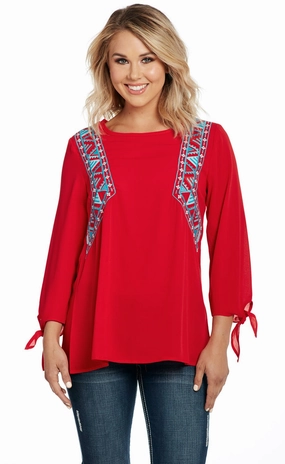 Cowgirl Up Womens Red Polyester Embroidered Top Tunic S/S Active Layering