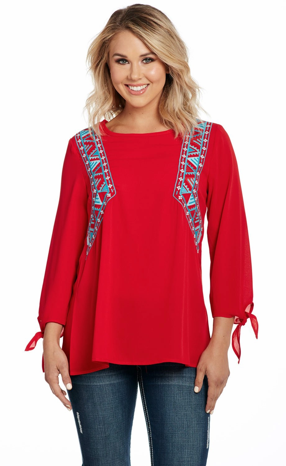 tall size Affordable Luxury Cowgirl Up Womens Red Polyester Embroidered Top Tunic S/S