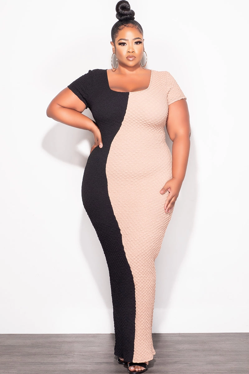 Thermal Lining Final Sale Plus Size BodyCon Midi Dress in Black & Taupe