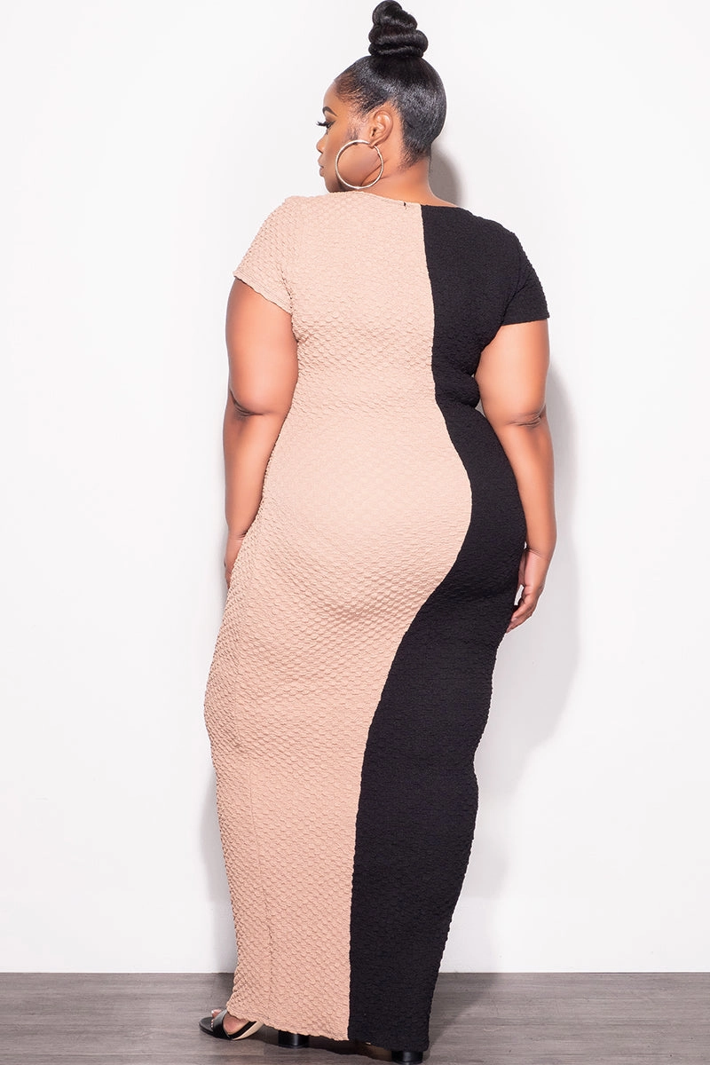 Stretchable Waist Durable Stitching Final Sale Plus Size BodyCon Midi Dress in Black & Taupe