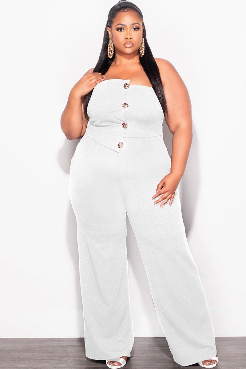 Final Sale Plus Size Spaghetti Strap Jumpsuit with Gold Button Detail in Ivory Movement Comfort Water Resistant Finish
