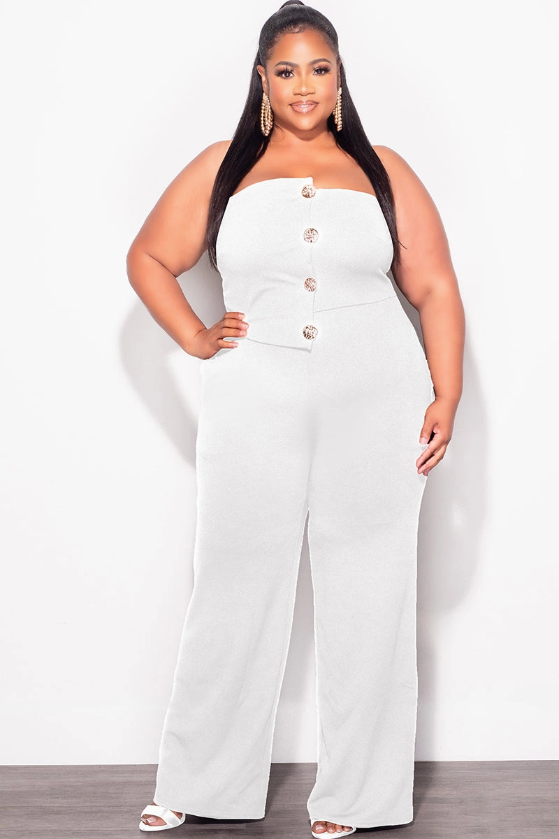 Final Sale Plus Size Spaghetti Strap Jumpsuit with Gold Button Detail in Ivory Durable Seam Construction FunctionalZipper