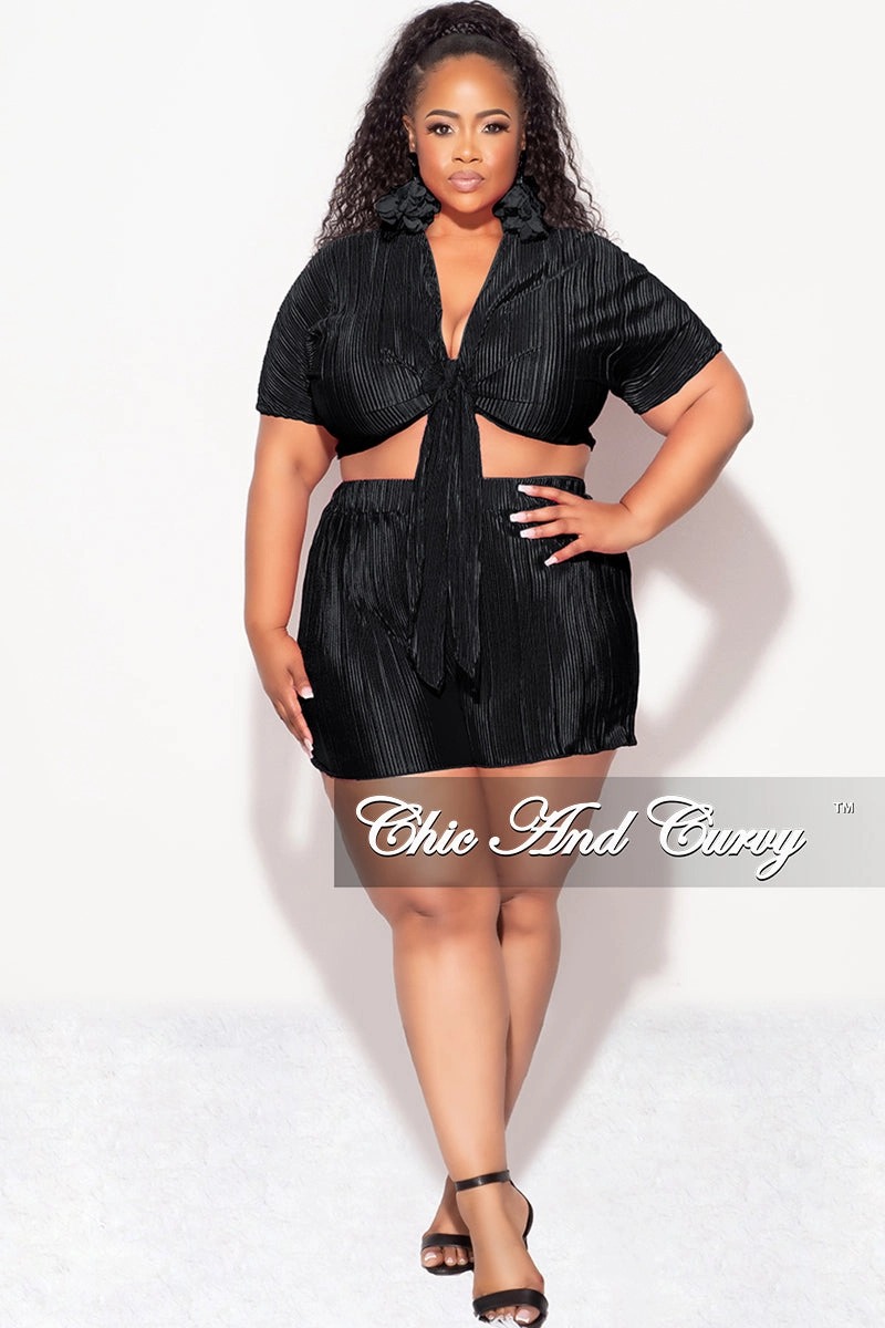 Final Sale Plus Size 2pc Pleated Crop Tie Top & Short Set in Black Chilly Weather Comfort Travel-Ready