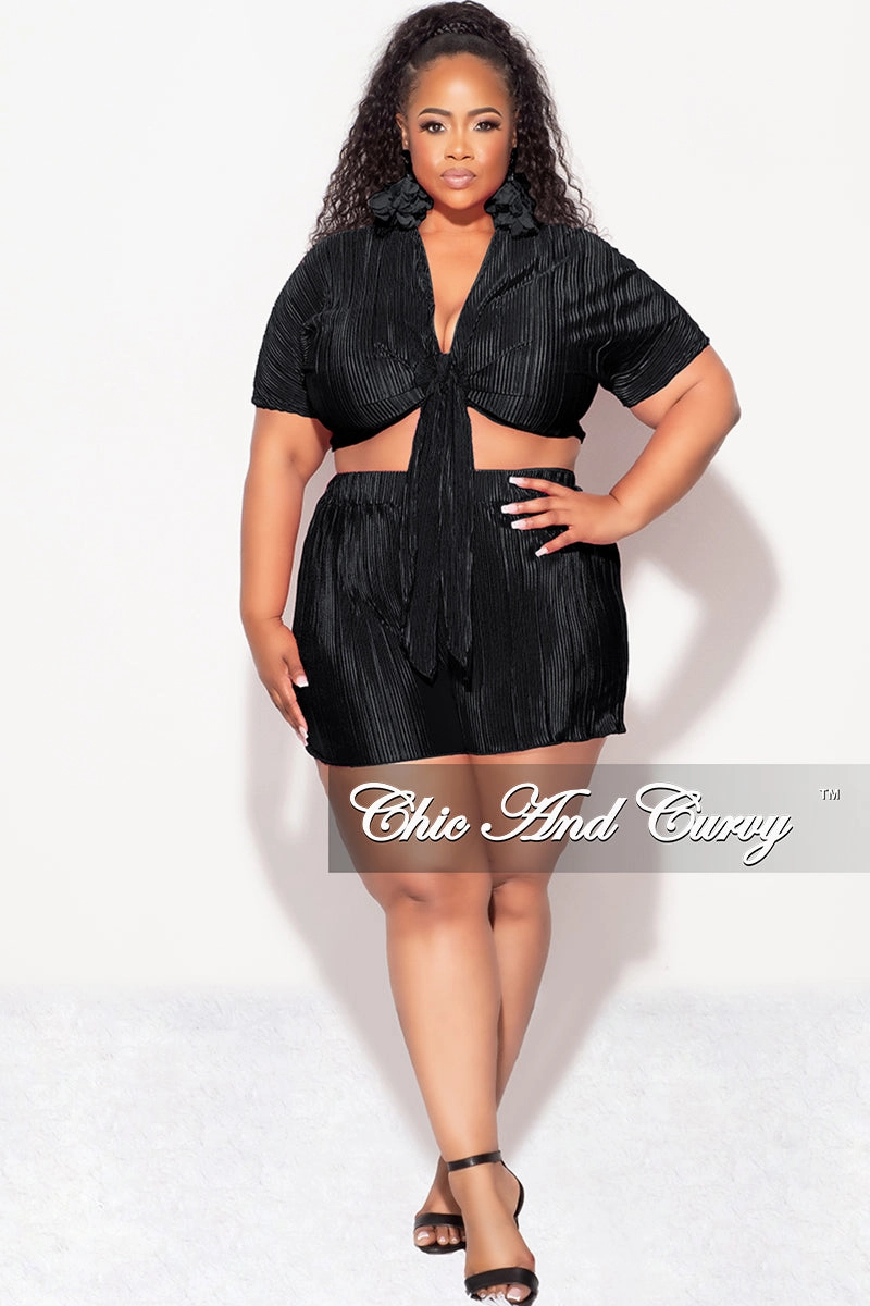 Final Sale Plus Size 2pc Pleated Crop Tie Top & Short Set in Black Natural Movement