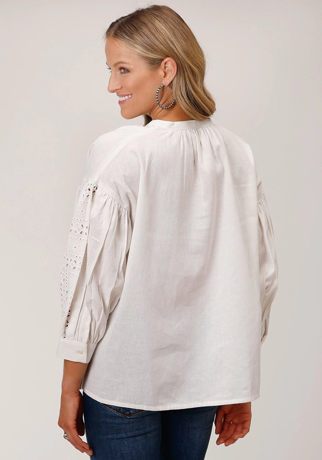 Workwear Ready Casual Hangout Roper Womens Flex Peasant White 100% Cotton 3/4 Sleeve S/S Blouse
