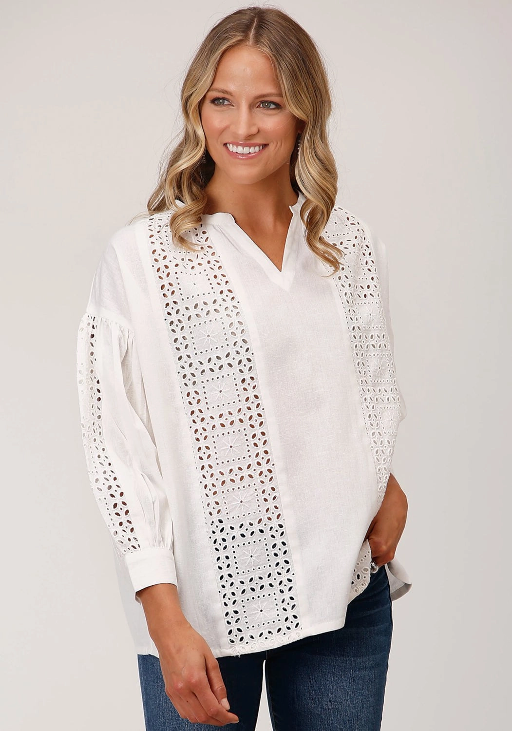Reinforced Elbow Patches Roper Womens Flex Peasant White 100% Cotton 3/4 Sleeve S/S Blouse