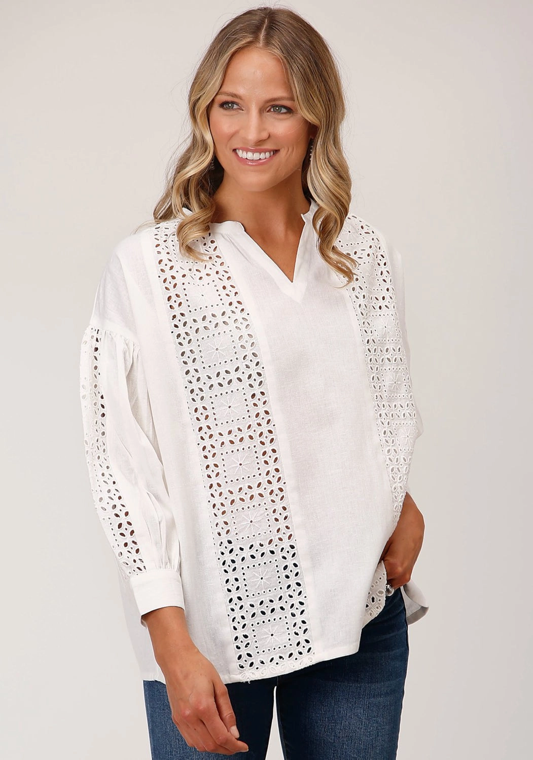 Roper Womens Flex Peasant White 100% Cotton 3/4 Sleeve S/S Blouse Timeless elegance Timeless Classic