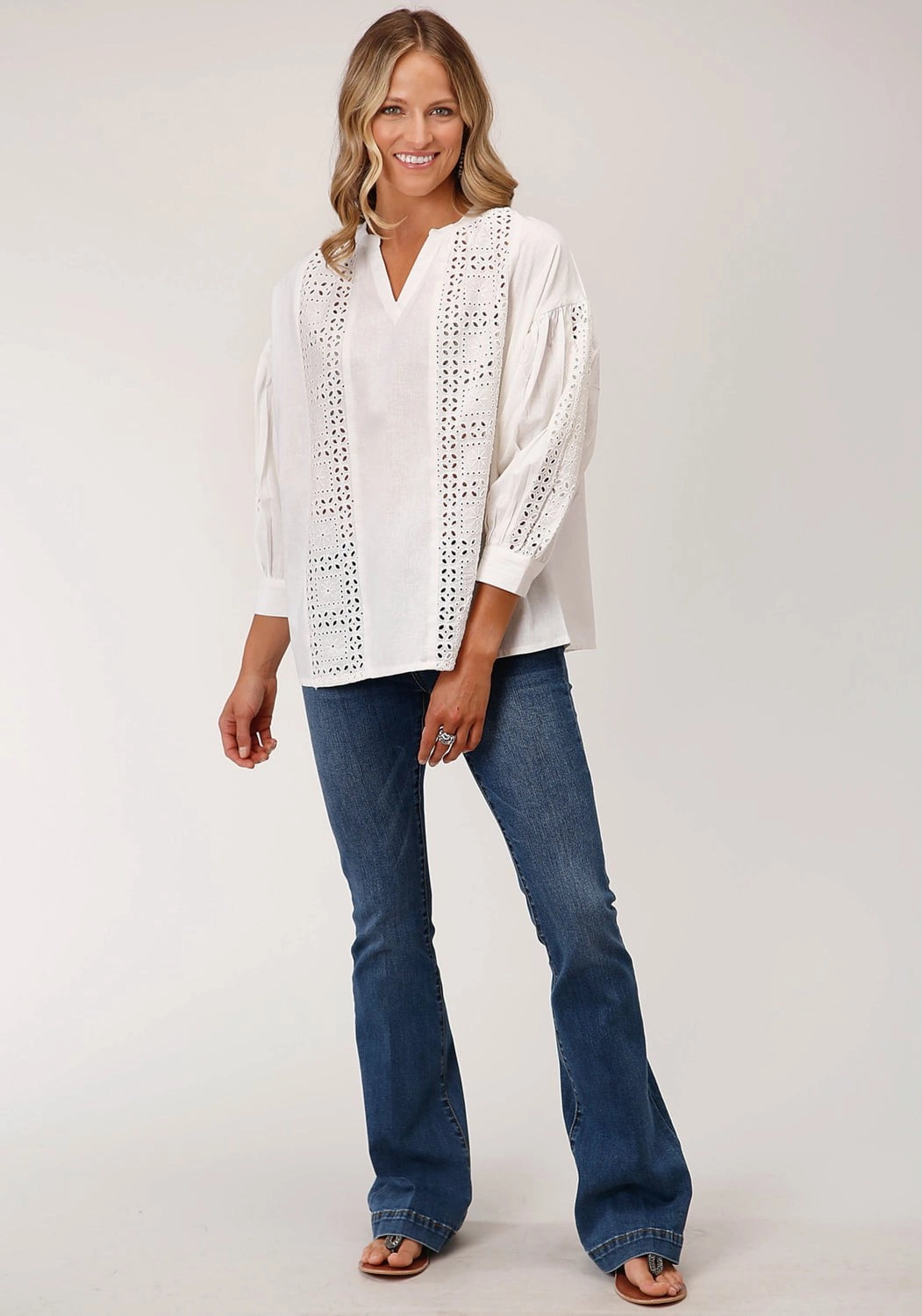 Roper Womens Flex Peasant White 100% Cotton 3/4 Sleeve S/S Blouse Soft Collar Design