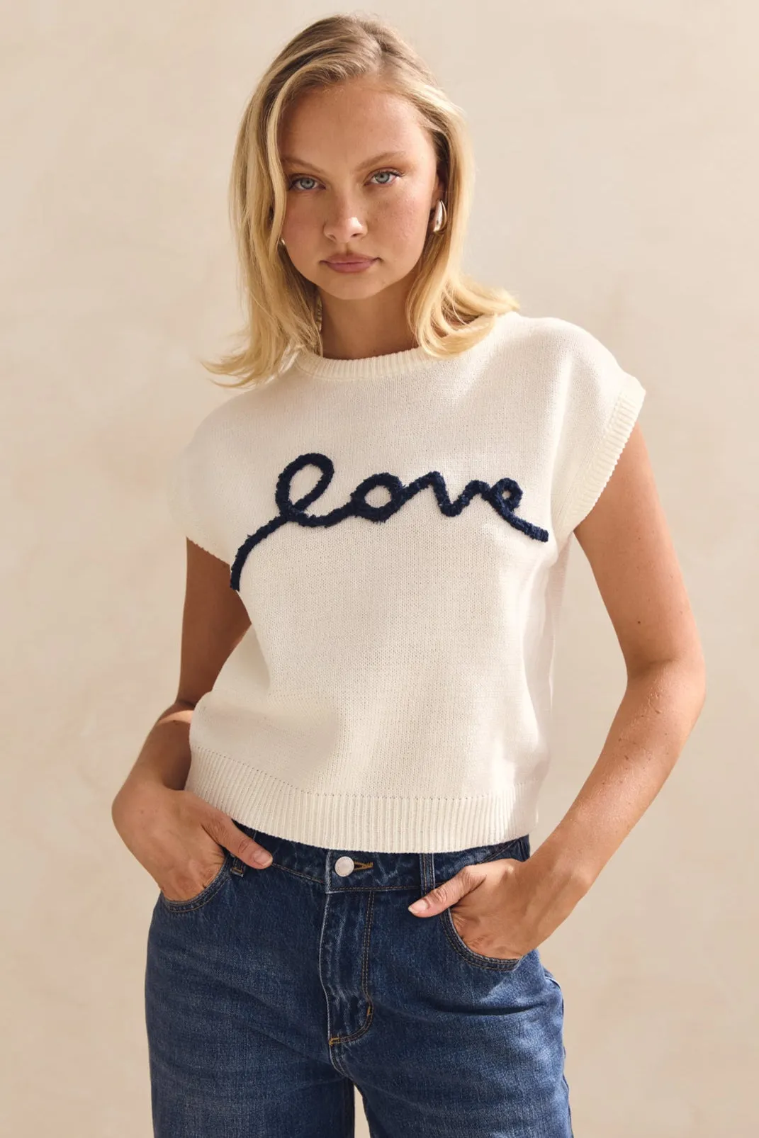 RawHemDetail Airflow Mesh Insert Caterina Knit Top (Cream)