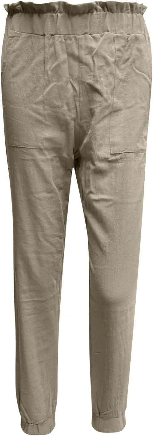 Ceboyel Women's High Waist Linen Pants Beach Casual Tapered Pants Elastic Waist Lounge Trouser Summer Outfits with Pockets