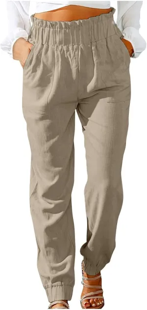 Ceboyel Women's High Waist Linen Pants Beach Casual Tapered Pants Elastic Waist Lounge Trouser Summer Outfits with Pockets