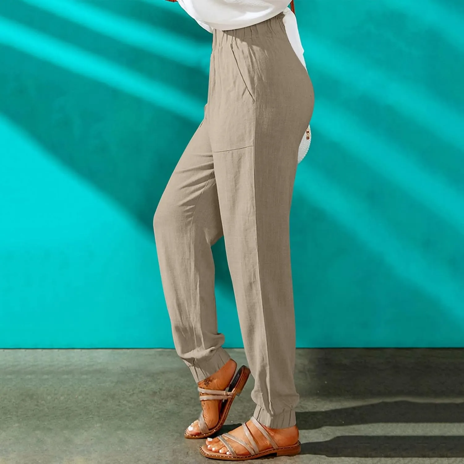 Ceboyel Women's High Waist Linen Pants Beach Casual Tapered Pants Elastic Waist Lounge Trouser Summer Outfits with Pockets