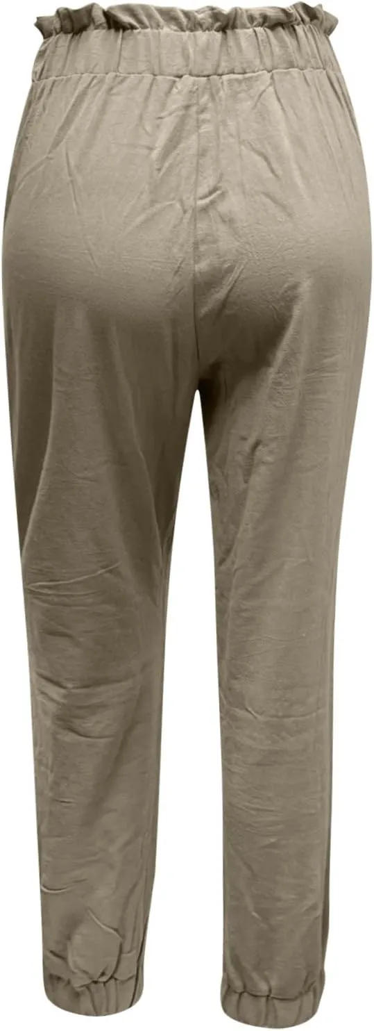 Ceboyel Women's High Waist Linen Pants Beach Casual Tapered Pants Elastic Waist Lounge Trouser Summer Outfits with Pockets