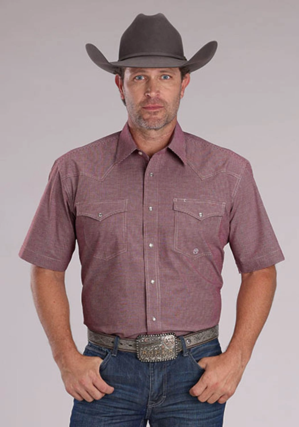 Roper Mens 2510 Stretch Mini Check Wine Cotton Blend S/S Shirt Perfect Layering Backpacking Trip