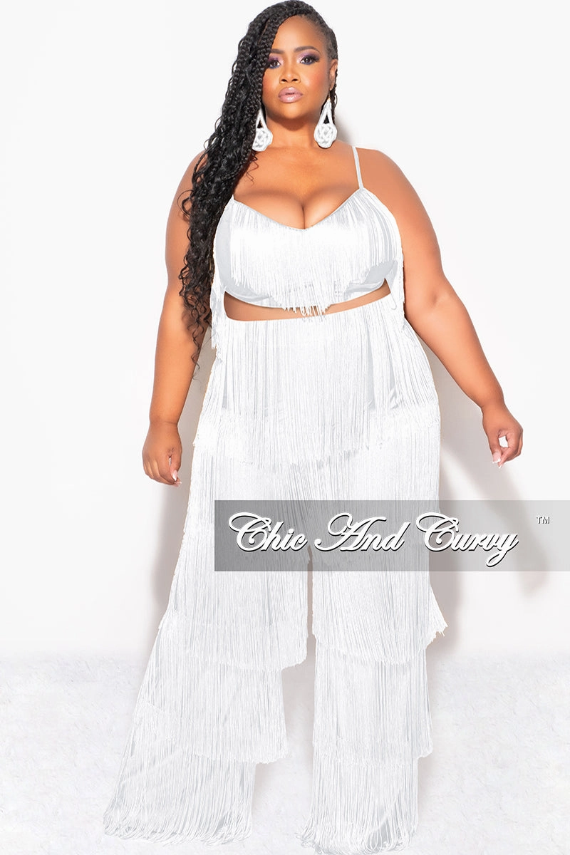 Final Sale Plus Size 2pc Fringe Layered Bra Top and Pants Set In White Durable Construction CompressionFitFabric