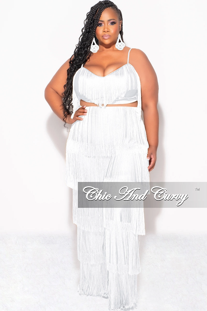 Final Sale Plus Size 2pc Fringe Layered Bra Top and Pants Set In White Polished Look