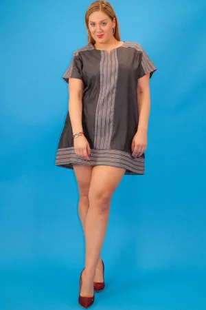 Chambray Denim, Short Sleeve, Striped Contrast Neckline And Trim, Loose Fit Short Dress With Side Pockets