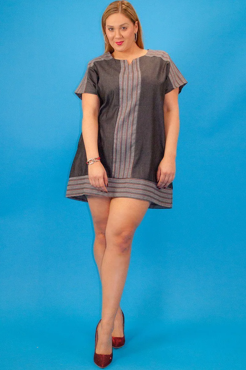 Chambray Denim, Short Sleeve, Striped Contrast Neckline And Trim, Loose Fit Short Dress With Side Pockets