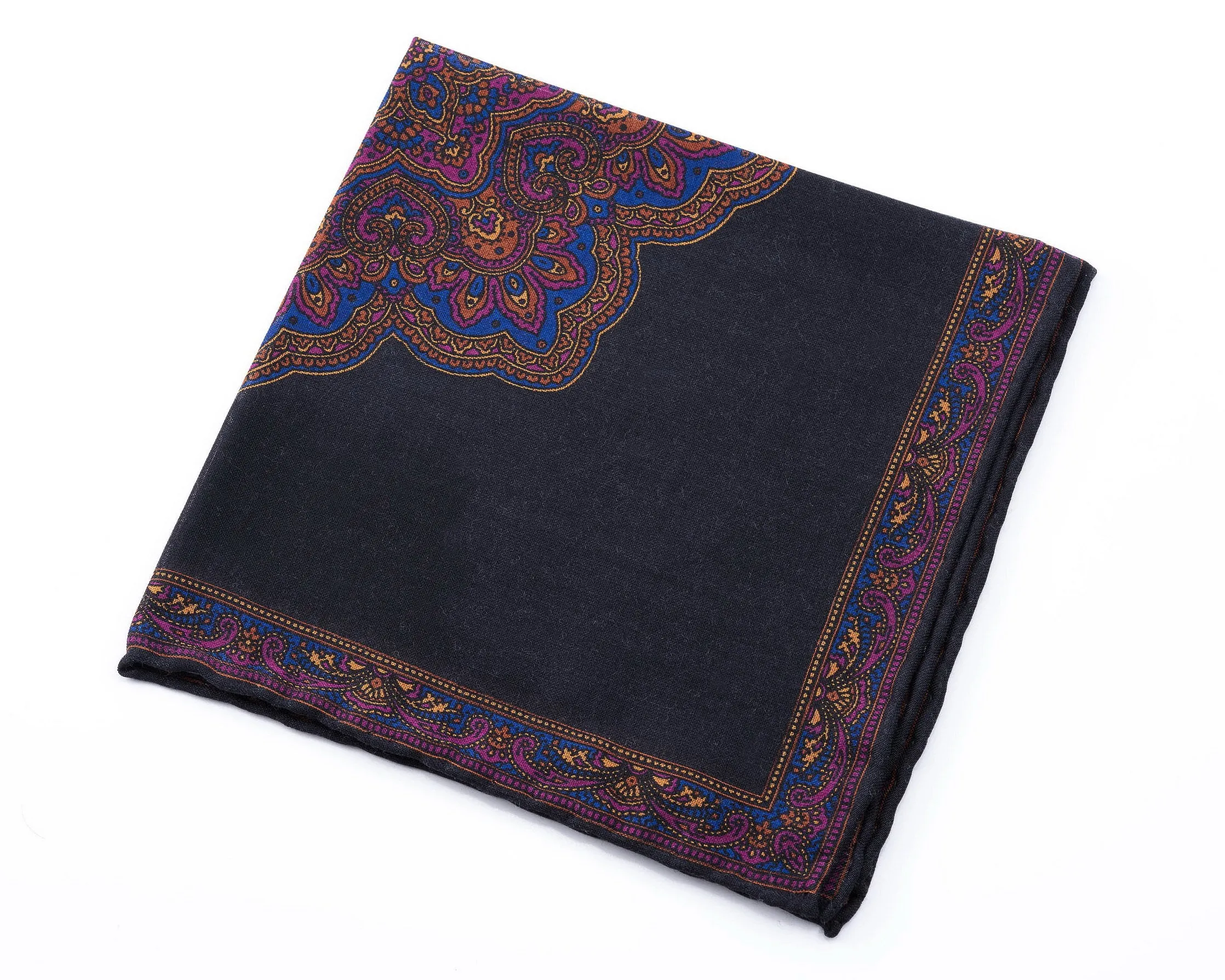 Charcoal & Purple Paisley Silk-Wool Pocket Square