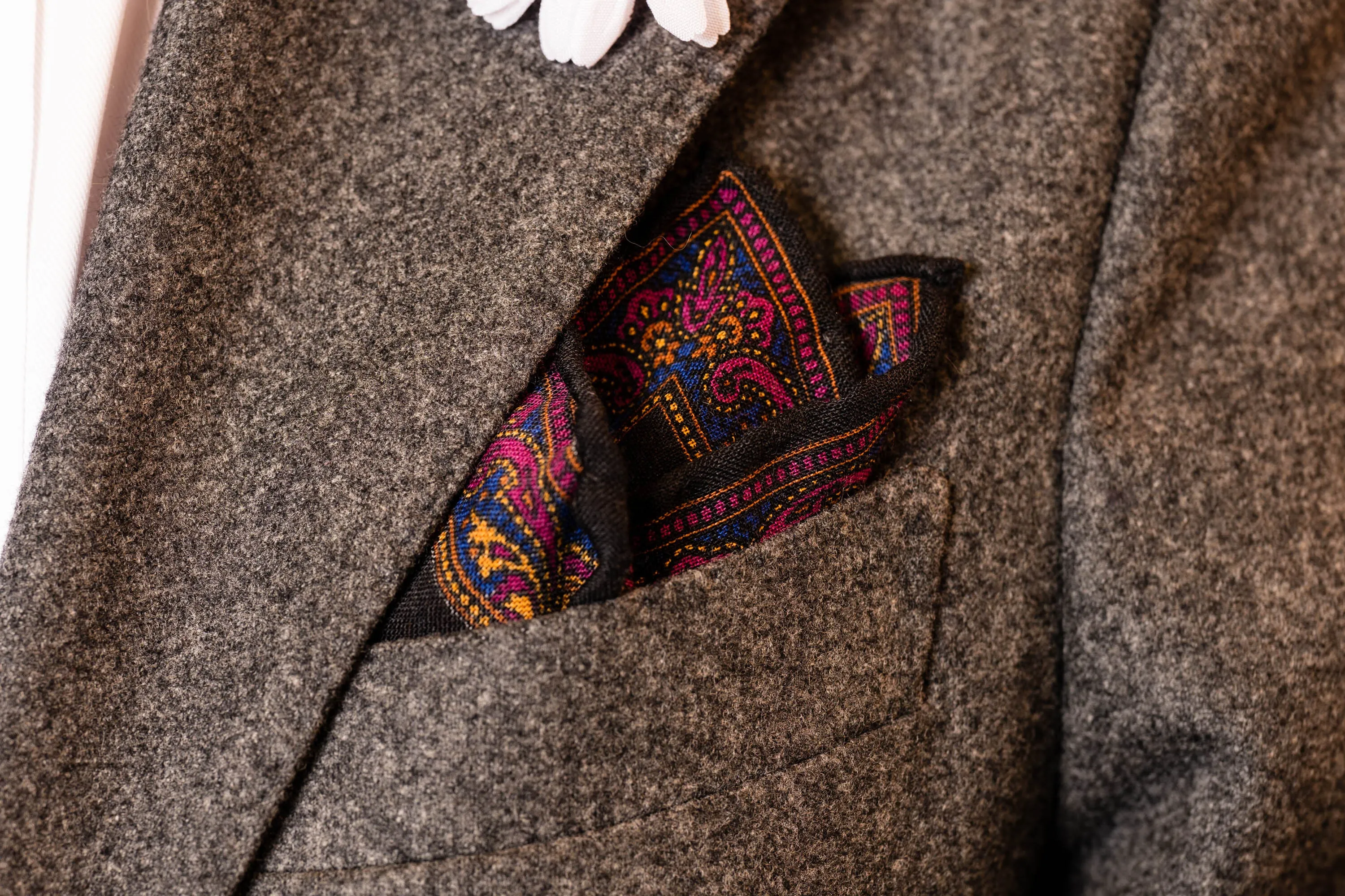 Charcoal & Purple Paisley Silk-Wool Pocket Square