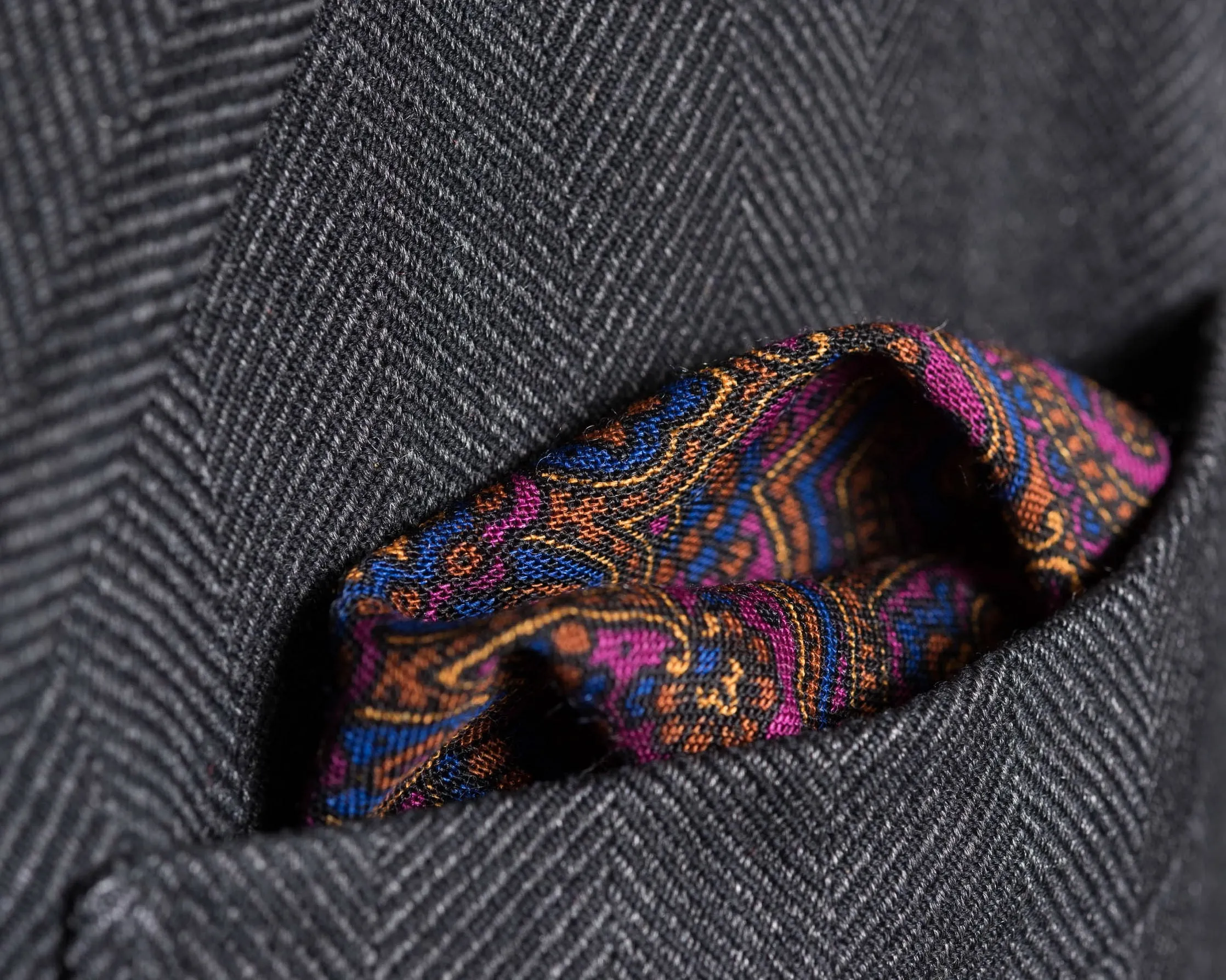 Charcoal & Purple Paisley Silk-Wool Pocket Square